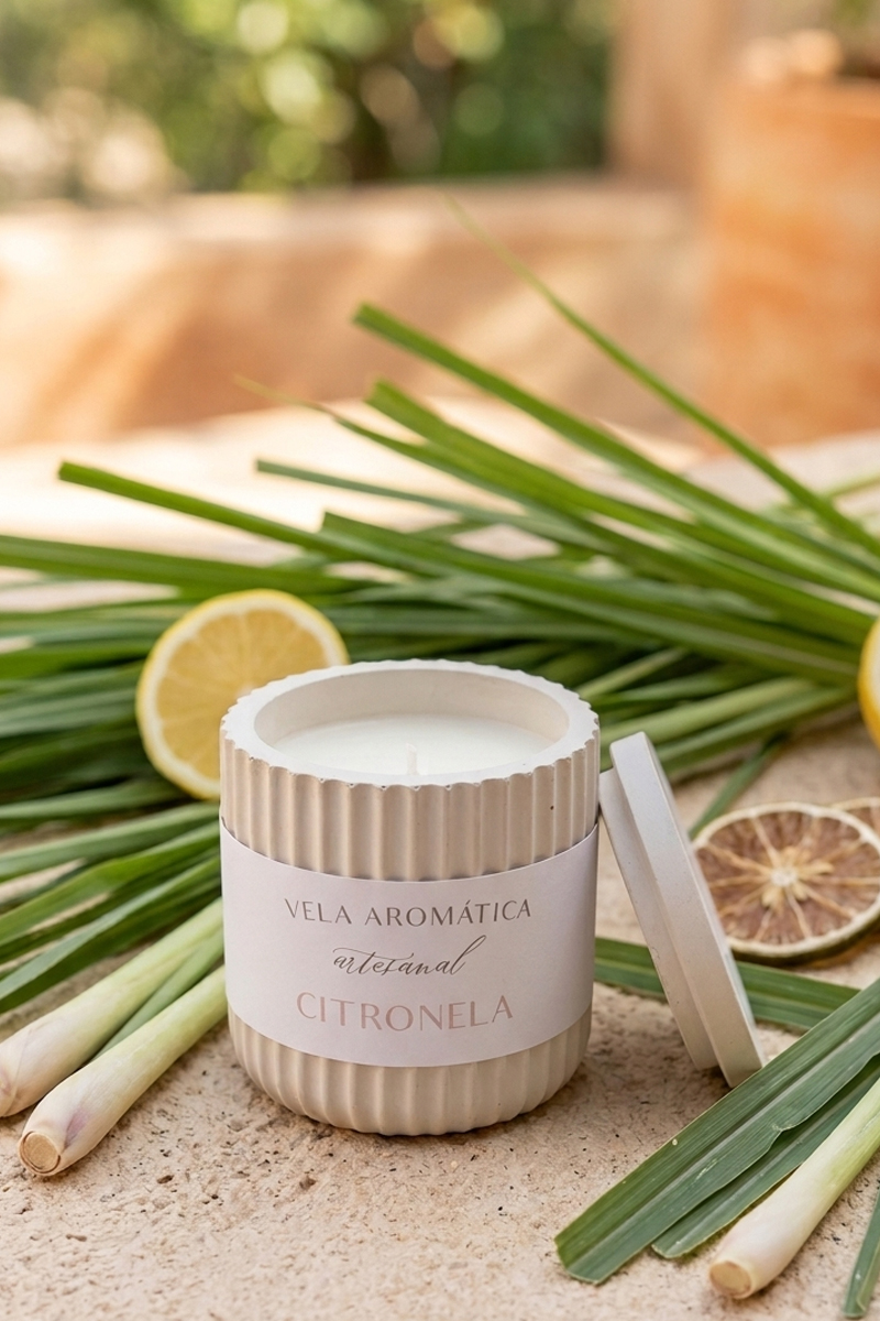 vela de soja aromática con aroma a lavanda y recipiente artesanal marea