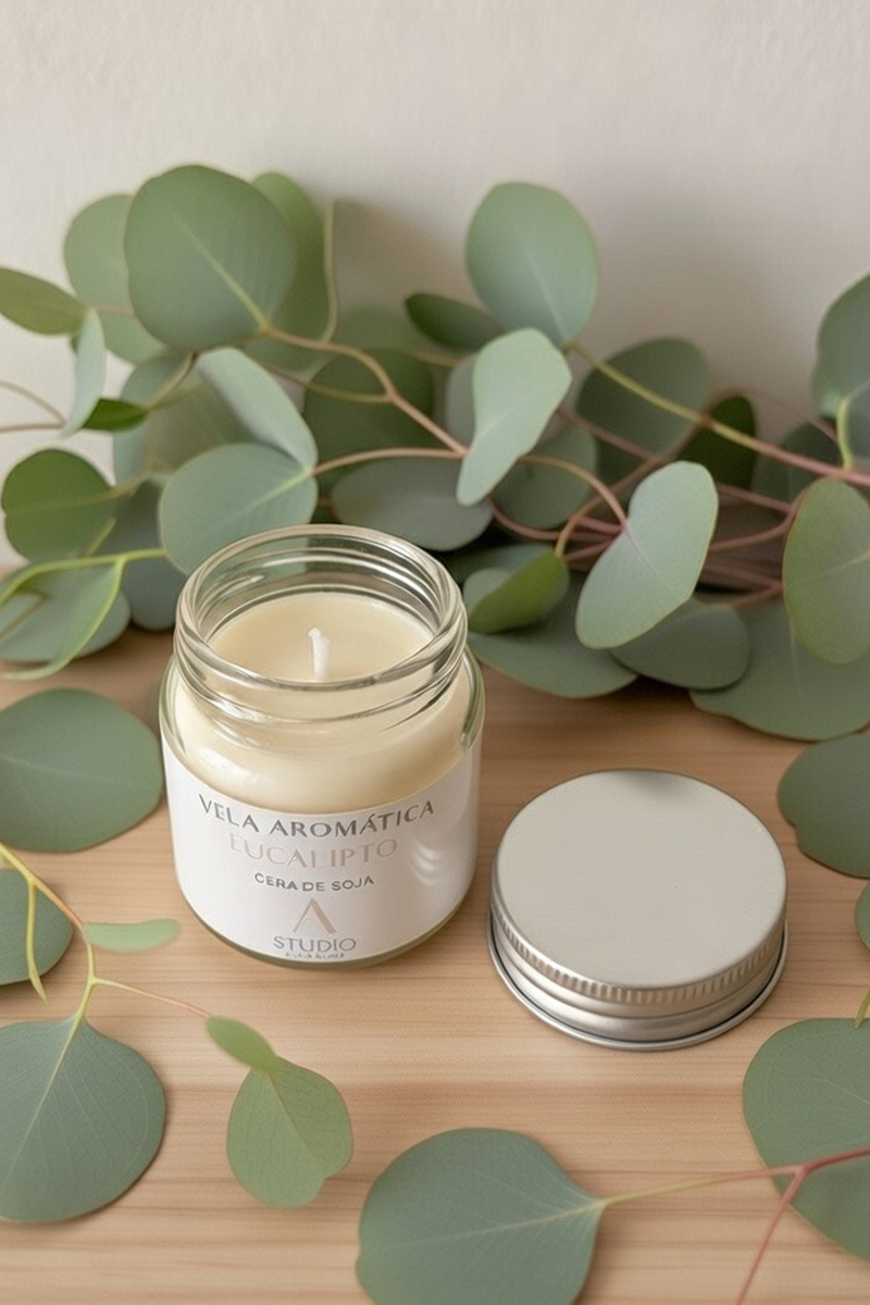 mini vela de soja aromática con aroma a eucalipto en recipiente de cristal