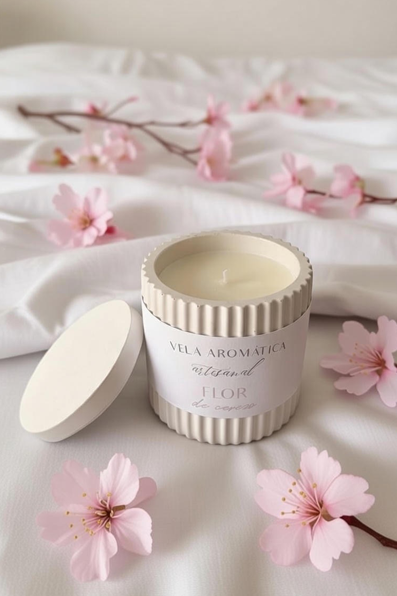 vela de soja aromática con aroma a flor de cerezo y recipiente artesanal marea